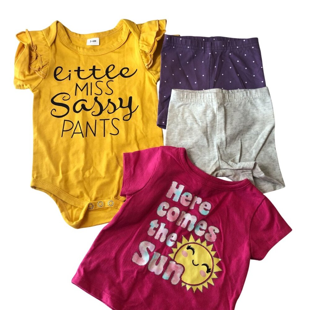 Baby Girls 3-6m 4 Piece Clothing Lot Shorts T Shirt One Piece
